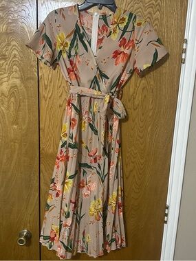 Floral Wrap Midi Dress in Taupe with Yellow & Coral Blooms